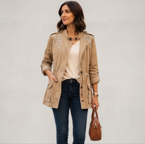 Style & Co. Jackets & Blazers - Style & Co Women's Tan Bejeweled Utility Jacket/Coat Size Large EUC